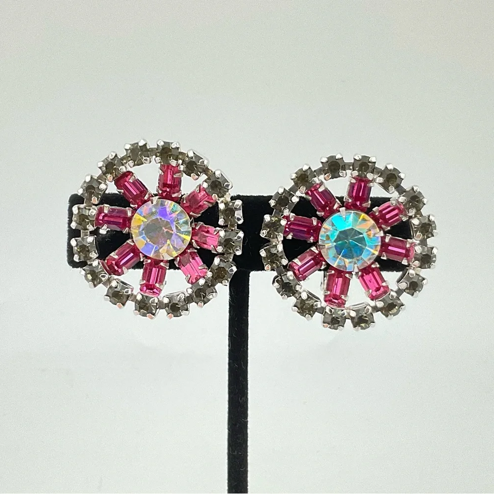 Coro Earrings, Signed, Pink AB & Gray Rhinestone Crystals, MCM, Super Sparkly